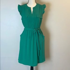 Monteau Green Midi Dress with Ruffled Sleeves